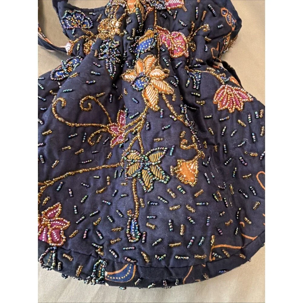 Vtg RAJA COLLECTION Bali Handmade Beaded Drawstring Bag Multi Black Crossbody
